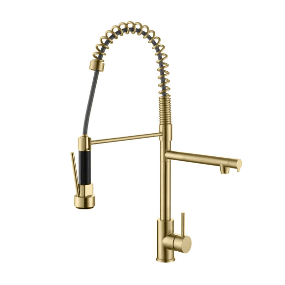 2026 Dual Outlet Brushed Gold stainless steel 304 pull out with spray function spring kitchen mixer tap faucet