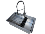 Stainless steel kitchen sink with faucet against a tiled wall.