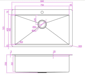2026 Brushed stianless steel 304 single large bowl kitchen sink hand made 1.5 mm with tap hole 840 mm
