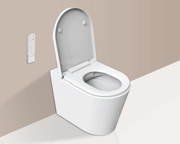 White toilet with open lid against a beige wall