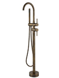 Bronze freestanding bathtub faucet with handheld shower on a white background