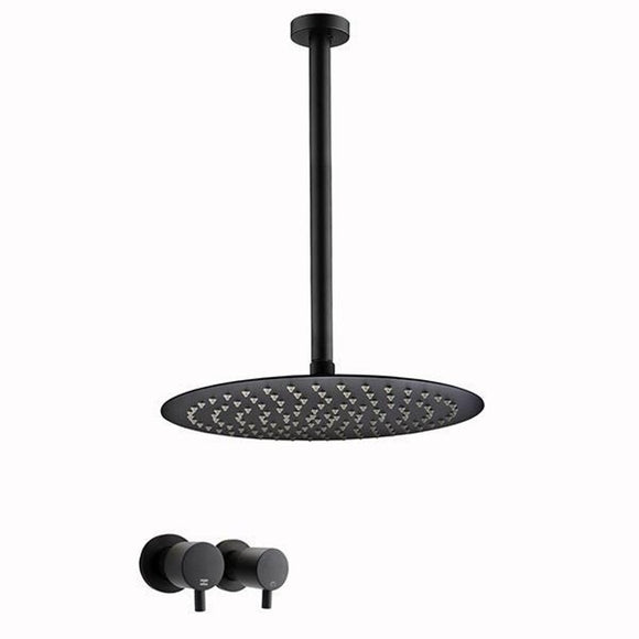 300 mm 12 Inch Black Rainfall Shower Head With Ceiling Arm 250 or 500 mm Wall Hot Cold Taps