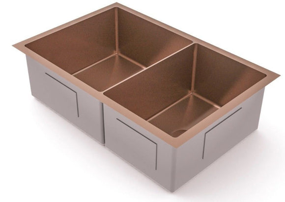 Burnished rose gold brushed copper stainless steel double kitchen sink hand made R10 3 mm thick top mount