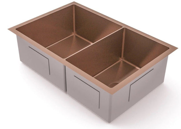 Burnished rose gold brushed copper stainless steel double kitchen sink hand made R10 3 mm thick top mount