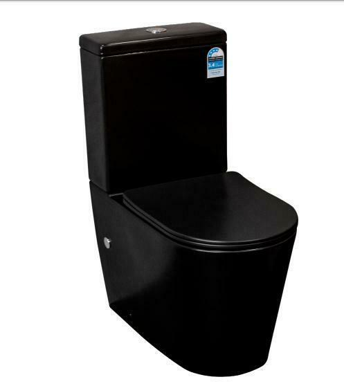 RIMLESS Toilet Suite BACK TO WALL FACED CLOSE COUPLED SOFT CLOSE Seat Black pan