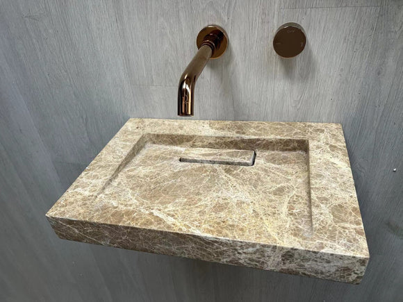 2023 Hand Crafted Marble Nature stone wash basin Matte Yellow Gold wall hung 470*320*60 mm