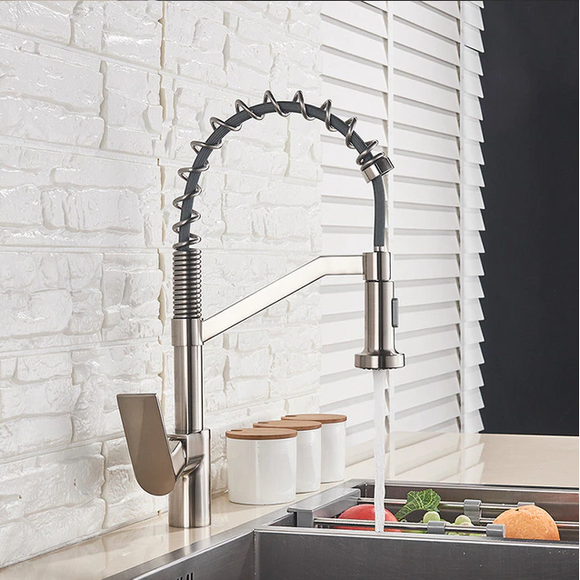 2021 Brushed Nickel pull out with spray function spring kitchen mixer tap faucet