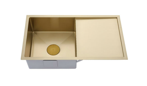 Burnished Brushed Brass Gold 304 single large bowl with drainer kitchen sink r10 mm