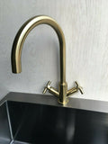 2023 Polished Rose gold Cross 1/4 turn hot cold Solid stainless steel  goose neck Swivel Kitchen tap