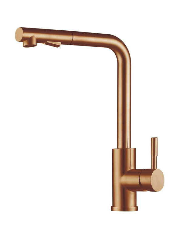 2023 Brushed Rose Gold Copper L shape pull out with spray function spring kitchen mixer tap faucet Stainless steel Made PVD plated