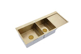 2024 Burnished Brass Gold stainless steel 304 double bowl kitchen sink with drainer on right tap hole