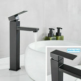 Matte Black Tall Square Cube Basin Mixer Vessel High Bathroom Sink Tap Vanity Faucet Spout