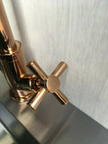 2023 Polished Rose gold Cross 1/4 turn hot cold Solid stainless steel  goose neck Swivel Kitchen tap