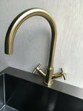 2023 Brushed Brass Gold Cross 1/4 turn hot cold Solid stainless steel  goose neck Swivel Kitchen tap